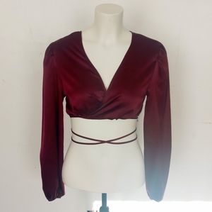 Women's Satin Wrap V Neck Criss Cross Tie Long Sleeve Crop Top